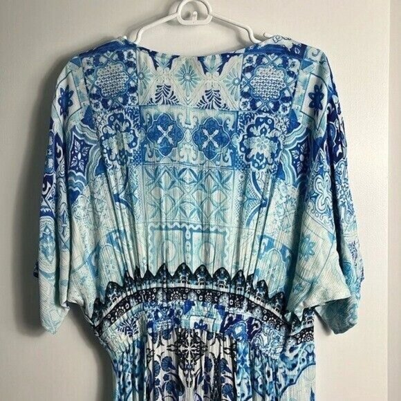 Hemant & Nandita Blue and White Beaded Zipper Boho Printed Maxi Dress - Picture 7 of 16